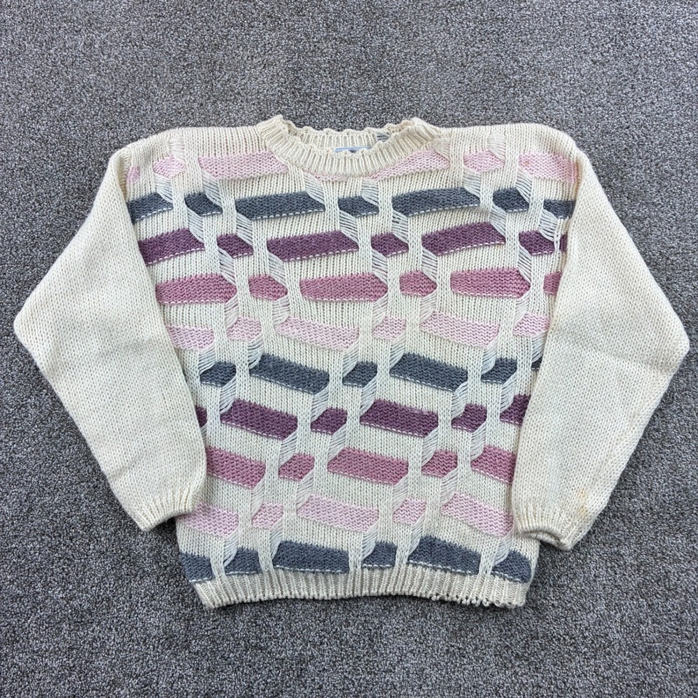 Vintage Maggie Lawrence Sweater Women's Small Ivory Ramie Illusion Geometric 80s